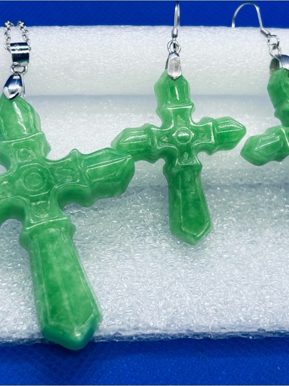 Green Jade Cross Necklace and Earrings Set